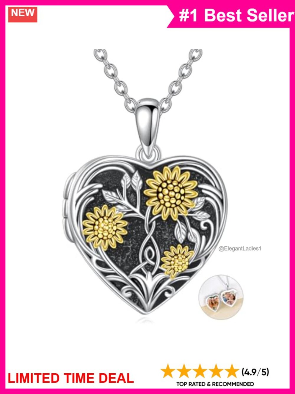 Sterling Silver Heart Locket Necklace Sunflower Photo Pendant
